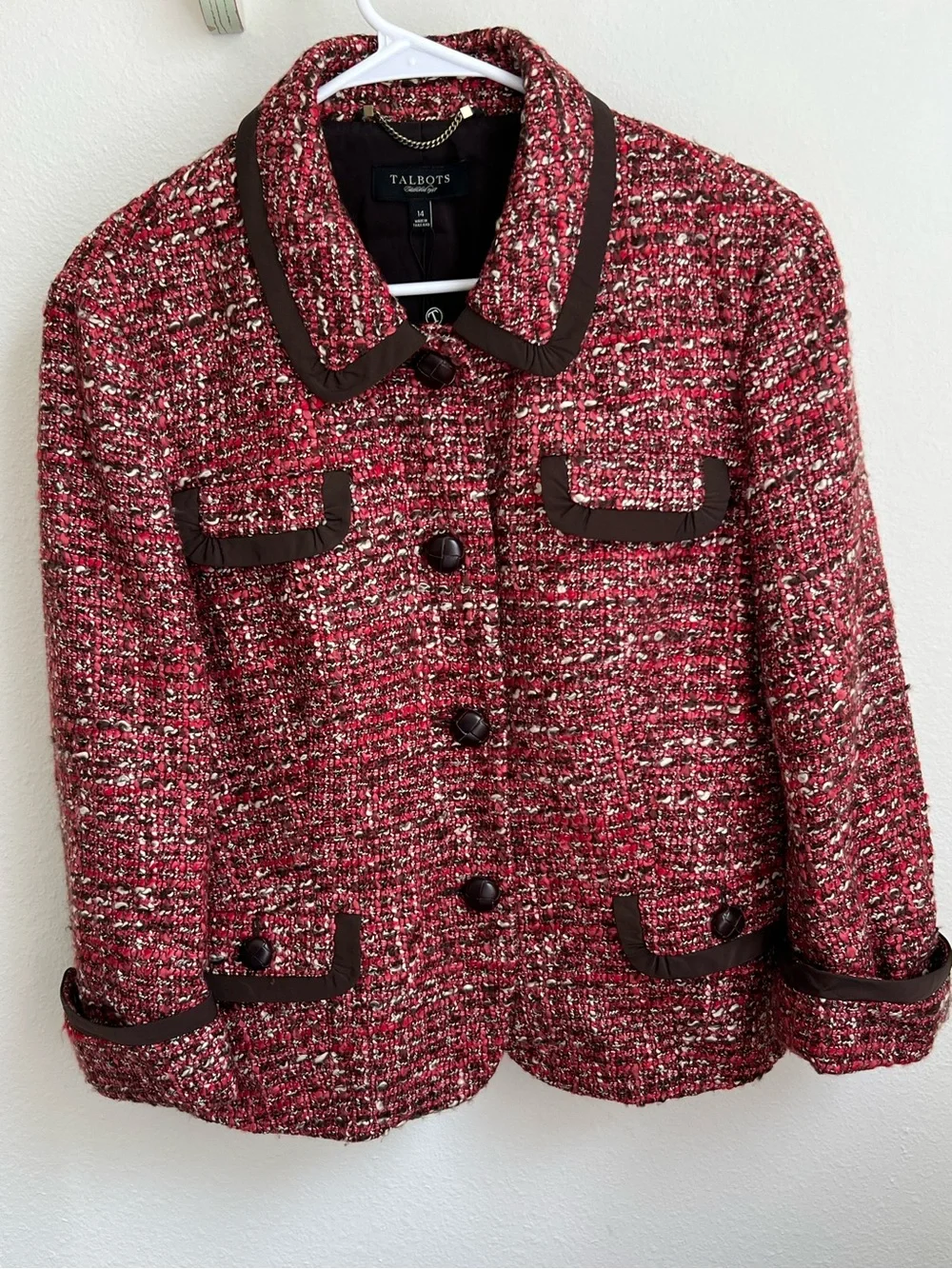 Talbots Red and Brown Trim Tweed Button-Front Jacket